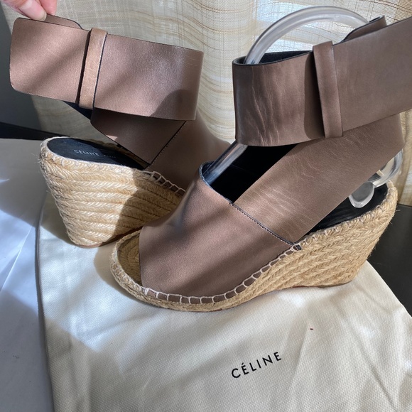 Celine espadrille brown Leather strap wedges ankle strap 36 peep-open toe/heel - Picture 1 of 9